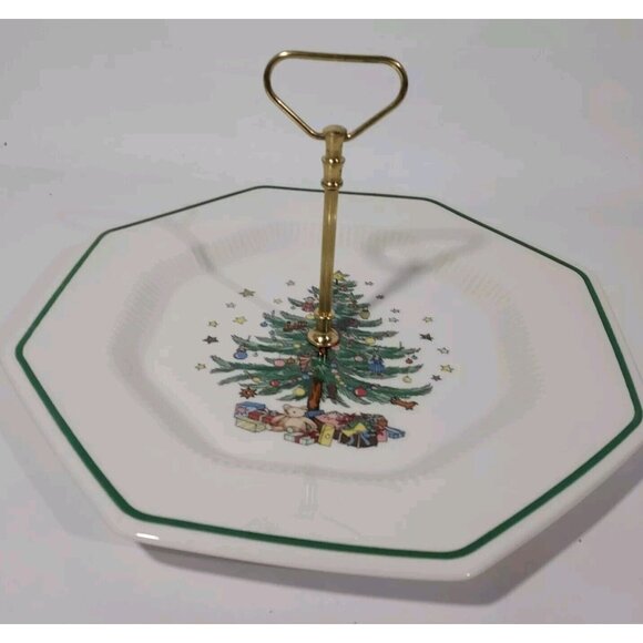 Nikko Happy Holiday Porcelain 2 Tier Octagon Serving Tray w/ Post Gold Handle - Picture 3 of 13